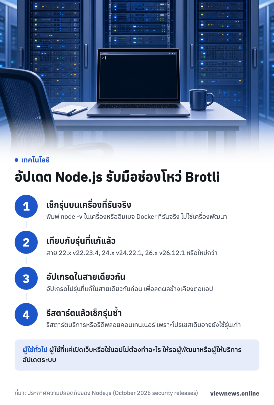 อัปเดต Node.js รับมือช่องโหว่ Brotli / เช็กรุ่นบนเครื่องที่รันจริง / เทียบกับรุ่นที่แก้แล้ว / อัปเกรดในสายเดียวกัน / รีสตาร์ตแล้วเช็กรุ่นซ้ำ