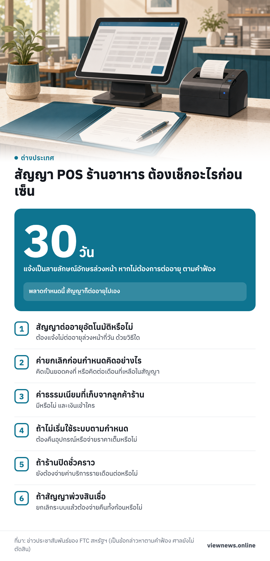30 วัน แจ้งเป็นลายลักษณ์อักษรล่วงหน้า หากไม่ต้องการต่ออายุ ตามคำฟ้อง / สัญญา POS ร้านอาหาร ต้องเช็กอะไรก่อนเซ็น / สัญญาต่ออายุอัตโนมัติหรือไม่ / ค่ายกเลิกก่อนกำหนดคิดอย่างไร / ค่าธรรมเนียมที่เก็บจากลูกค้าร้าน / ถ้าไม่เริ่มใช้ระบบตามกำหนด / ถ้าร้านปิดชั่วคราว / ถ้าสัญญาพ่วงสินเชื่อ